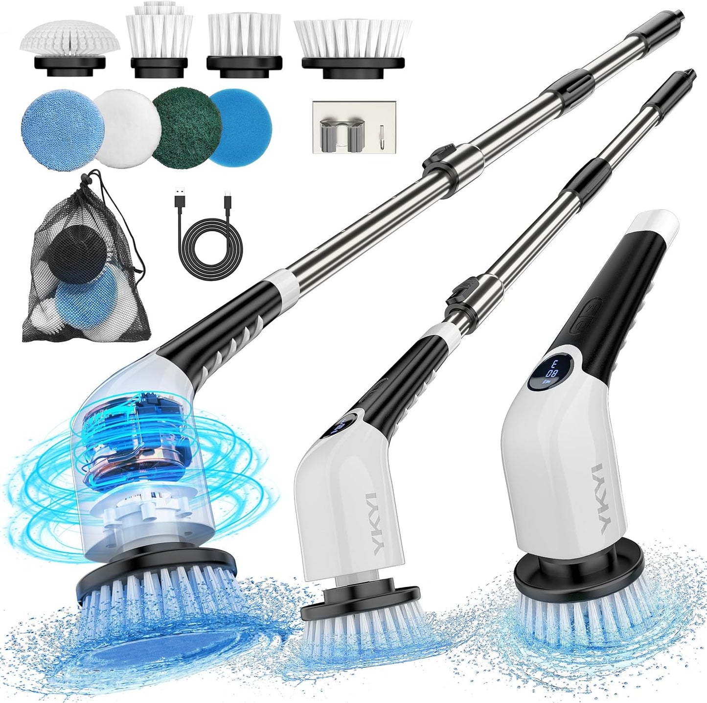 Electric Spin Scrubber,Cordless Cleaning Brush,Shower Cleaning Brush with 8 Replaceable Brush Heads, Power Scrubber 3 Adjustable Speeds,Adjustable & Detachable Long Handle,Voice Broadcast